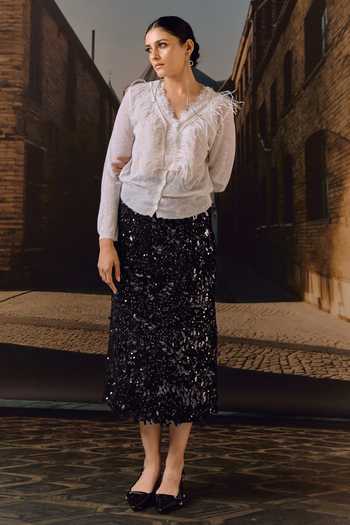 Shop_Maison Aguise_Black Velvet, Lycra Sequin Embellished Pencil Skirt _Online_at_Aza_Fashions