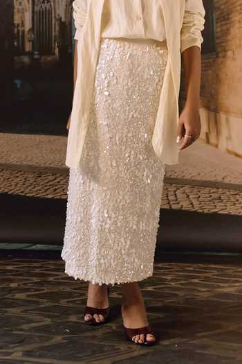 Maison Aguise_Off White Velvet, Lycra Sequinned Pencil Skirt _Online_at_Aza_Fashions