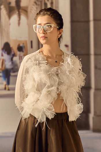 Shop Maison Aguise Cream Knit Ostrich Feather Floral Applique Cardigan Online at Aza Fashions Shop_Maison Aguise_Cream Knit Ostrich Feather Floral Applique Cardigan _Online_at_Aza_Fashions