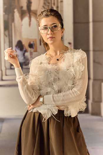 Maison Aguise Cream Knit Ostrich Feather Floral Applique Cardigan at Aza Fashions Maison Aguise_Cream Knit Ostrich Feather Floral Applique Cardigan _at_Aza_Fashions