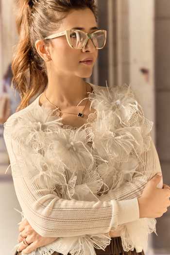 Buy Maison Aguise Cream Knit Ostrich Feather Floral Applique Cardigan Buy_Maison Aguise_Cream Knit Ostrich Feather Floral Applique Cardigan