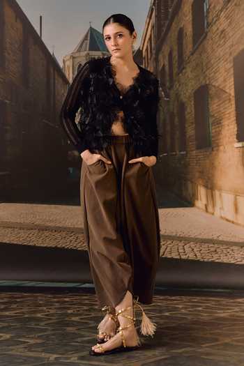 Maison Aguise Black Knit Ostrich Feather Floral Applique Cardigan at Aza Fashions Maison Aguise_Black Knit Ostrich Feather Floral Applique Cardigan _at_Aza_Fashions