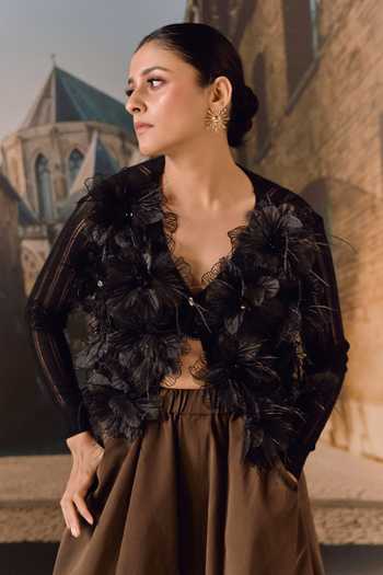Buy Maison Aguise Black Knit Ostrich Feather Floral Applique Cardigan Buy_Maison Aguise_Black Knit Ostrich Feather Floral Applique Cardigan