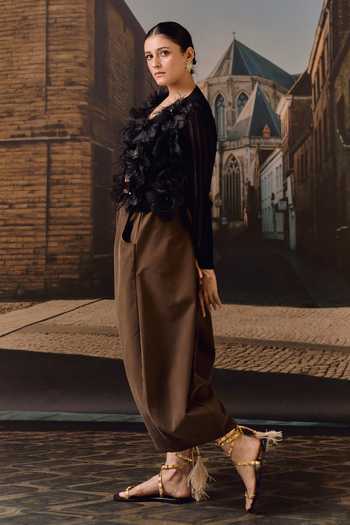 Shop Maison Aguise Black Knit Ostrich Feather Floral Applique Cardigan Shop_Maison Aguise_Black Knit Ostrich Feather Floral Applique Cardigan