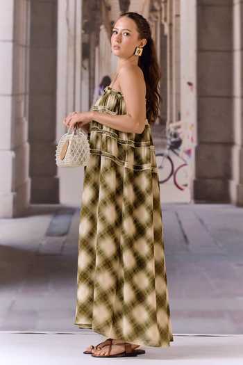 Maison Aguise Green Georgette Checkered Slip Dress at Aza Fashions Maison Aguise_Green Georgette Checkered Slip Dress _at_Aza_Fashions