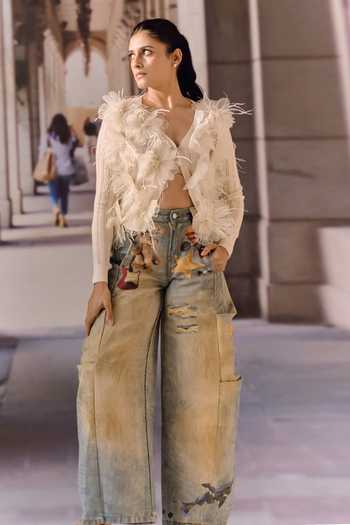 Shop Maison Aguise Ivory Knit Floral Applique Cardigan Online at Aza Fashions Shop_Maison Aguise_Ivory Knit Floral Applique Cardigan _Online_at_Aza_Fashions
