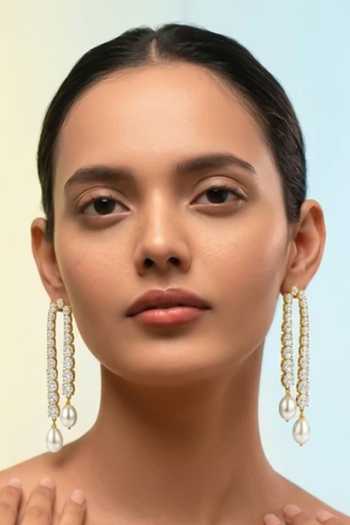 Arvino Gold Plated Crystal And Pearl Tennis Drop Earrings Online at Aza Fashions Arvino_Gold Plated Crystal And Pearl Tennis Drop Earrings _Online_at_Aza_Fashions