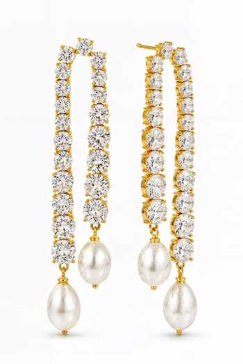 Shop Arvino Gold Plated Crystal And Pearl Tennis Drop Earrings Online at Aza Fashions Shop_Arvino_Gold Plated Crystal And Pearl Tennis Drop Earrings _Online_at_Aza_Fashions