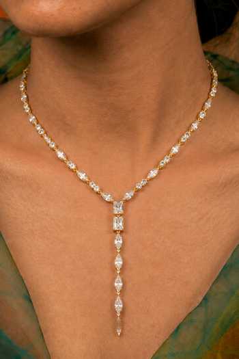 Shop_Arvino_Gold Plated Crystal Lariat Necklace _Online_at_Aza_Fashions