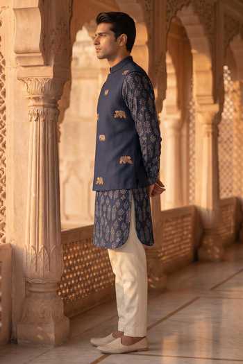 Buy_Prateek Munjal_Blue Cotton, Rayon Embroidered Nehru Jacket Set _Online_at_Aza_Fashions