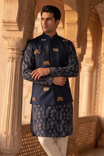 Shop_Prateek Munjal_Blue Cotton, Rayon Embroidered Nehru Jacket Set _Online_at_Aza_Fashions