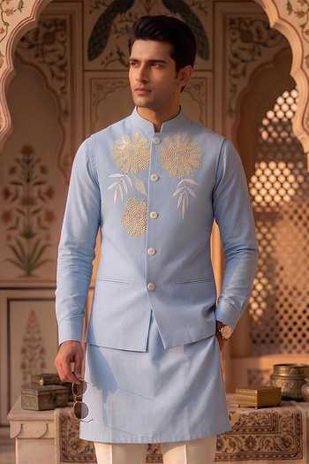 Shop_Prateek Munjal_Blue Crepe Embroidered Nehru Jacket Set _Online_at_Aza_Fashions