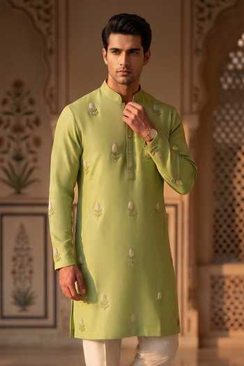 Buy_Prateek Munjal_Green Crepe Embroidered Kurta Pant Set _Online_at_Aza_Fashions