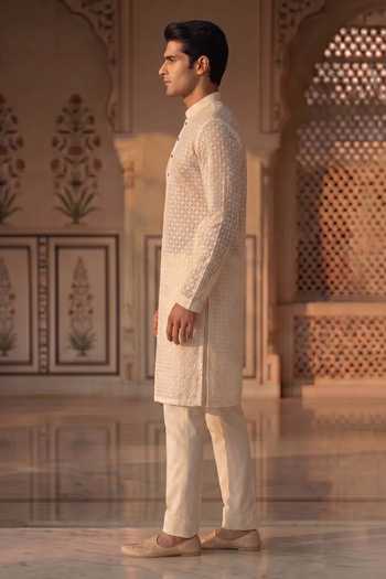 Prateek Munjal_Off White Georgette Chikankari Kurta Pant Set _Online_at_Aza_Fashions