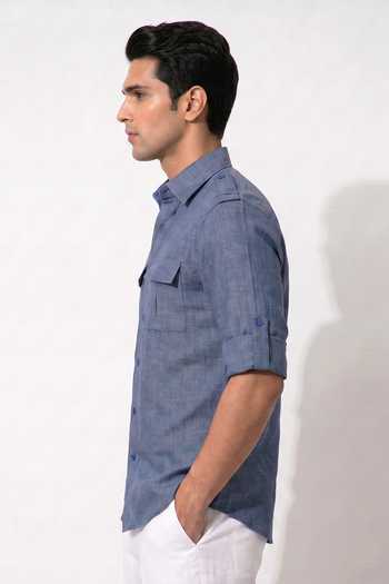 Prateek Munjal_Blue Linen Shacket _Online_at_Aza_Fashions