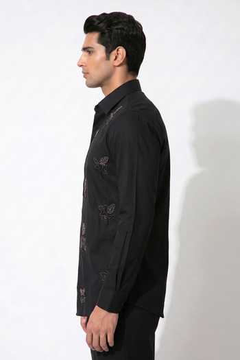 Prateek Munjal_Black Rayon Floral Embroidered Shirt _Online_at_Aza_Fashions