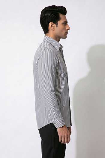 Prateek Munjal Grey Cotton Stripes Detailed Shirt Online at Aza Fashions Prateek Munjal_Grey Cotton Stripes Detailed Shirt _Online_at_Aza_Fashions