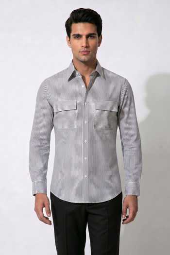 Buy Prateek Munjal Grey Cotton Stripes Detailed Shirt Online at Aza Fashions Buy_Prateek Munjal_Grey Cotton Stripes Detailed Shirt _Online_at_Aza_Fashions