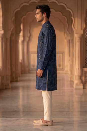 Prateek Munjal_Blue Silk, Cotton Embroidered Nehru Jacket Set _Online_at_Aza_Fashions