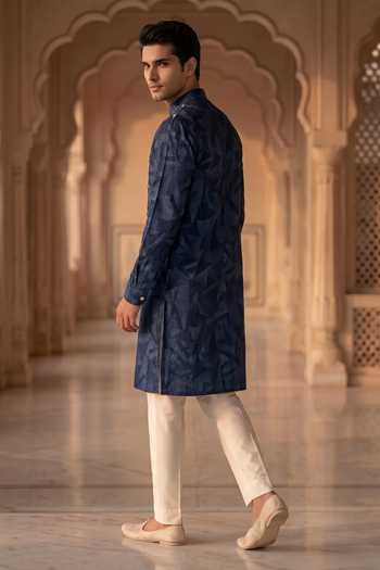Buy_Prateek Munjal_Blue Silk, Cotton Embroidered Nehru Jacket Set _Online_at_Aza_Fashions