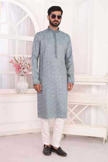 Shop_Arihant Rai Sinha_Blue Silk Embroidery Art Straight Kurta 