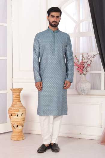 Arihant Rai Sinha_Gray Silk Embroidery Grey Art Straight Kurta _at_Aza_Fashions