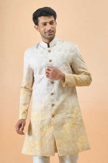 Arihant Rai Sinha Cream & Yellow Embroidered Sherwani Set 
