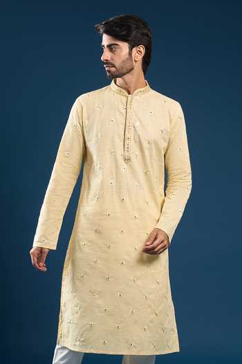 Arihant Rai Sinha Yellow Mirrorwork Kurta & Pyjama Set 