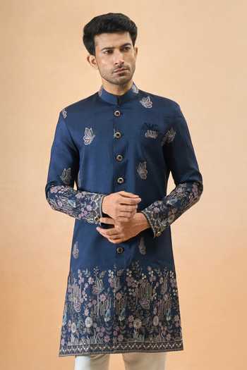 Buy Arihant Rai Sinha Blue Silk Embroidery Thread Sherwani Set at Aza Fashions Buy_Arihant Rai Sinha_Blue Silk Embroidery Thread Sherwani Set _at_Aza_Fashions