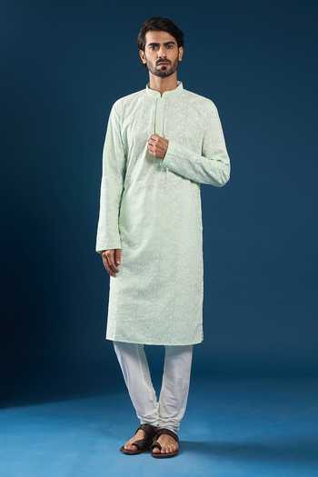 Arihant Rai Sinha Green Cotton, Polyester Embroidery Mint Chikankari Kurta Pyjama Set Online at Aza Fashions Arihant Rai Sinha_Green Cotton, Polyester Embroidery Mint Chikankari Kurta Pyjama Set _Online_at_Aza_Fashions