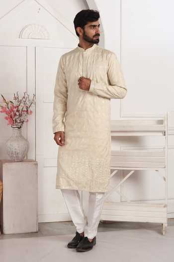 Buy_Arihant Rai Sinha_Beige Silk Embroidery Art Straight Kurta 