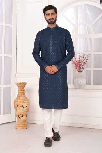 Arihant Rai Sinha_Teal Silk Blue Embroidered Straight Kurta _at_Aza_Fashions