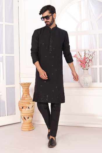 Buy_Arihant Rai Sinha_Black Silk Embroidery Art Straight Kurta 