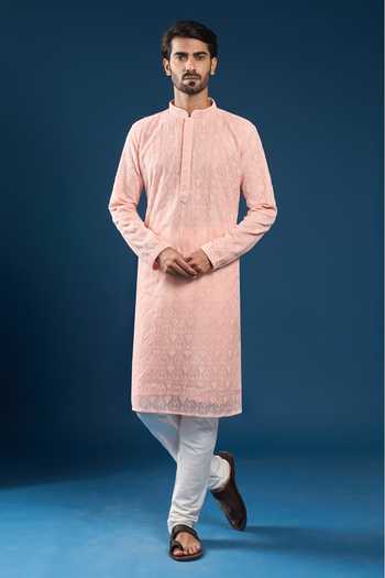 Shop_Arihant Rai Sinha_Pink Georgette, Polyester, Cotton Embroidery Chikankari Baby Kurta Pyjama Set _Online_at_Aza_Fashions