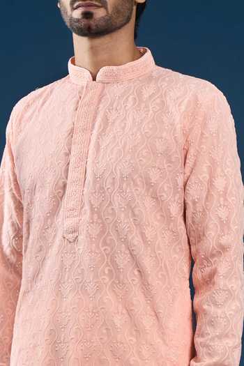 Arihant Rai Sinha_Pink Georgette, Polyester, Cotton Embroidery Chikankari Baby Kurta Pyjama Set _at_Aza_Fashions