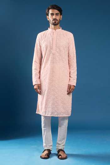Buy_Arihant Rai Sinha_Pink Georgette, Polyester, Cotton Embroidery Chikankari Kurta Set _Online_at_Aza_Fashions
