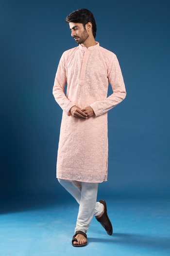 Shop_Arihant Rai Sinha_Pink Georgette, Polyester, Cotton Embroidery Chikankari Kurta Set _Online_at_Aza_Fashions