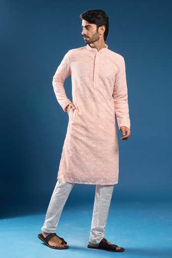 Arihant Rai Sinha_Pink Georgette, Polyester, Cotton Embroidery Chikankari Kurta Set _at_Aza_Fashions