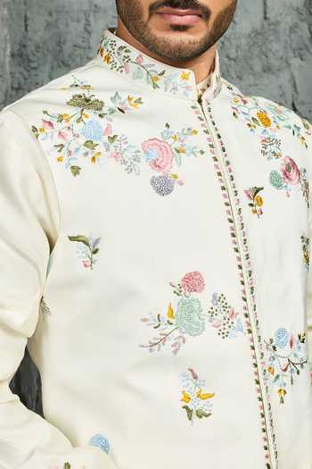 Buy_Sarab Khanijou_Ivory Chanderi Silk Gulmohar Bloom Nehru Jacket And Kurta Set _Online_at_Aza_Fashions