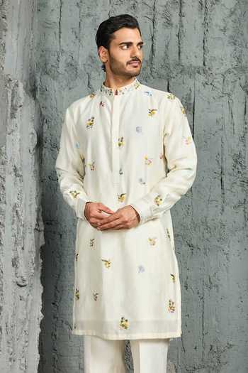 Shop_Sarab Khanijou_Ivory Chanderi Silk Gulmohar Bloom Nehru Jacket And Kurta Set _Online_at_Aza_Fashions