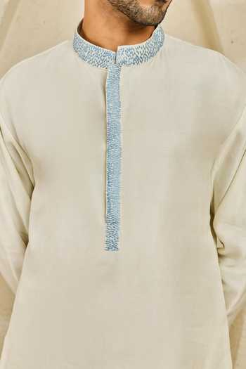 Sarab Khanijou_Off White , Silk Serene Garden Nehru Jacket And Kurta Set _Online_at_Aza_Fashions