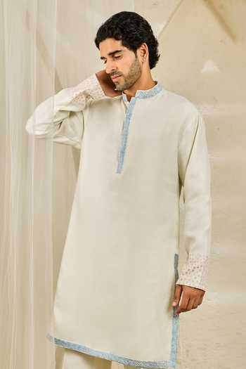 Buy_Sarab Khanijou_Off White , Silk Serene Garden Nehru Jacket And Kurta Set _Online_at_Aza_Fashions