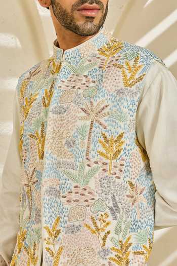 Shop_Sarab Khanijou_Off White , Silk Serene Garden Nehru Jacket And Kurta Set _Online_at_Aza_Fashions