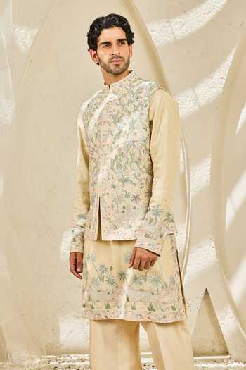 Sarab Khanijou_Beige Chanderi Silk Tropica Embroidered Nehru Jacket And Kurta Set _Online_at_Aza_Fashions