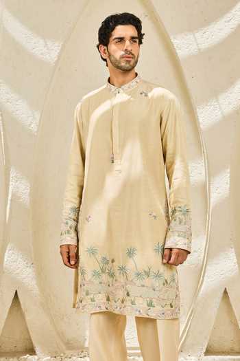 Buy_Sarab Khanijou_Beige Chanderi Silk Tropica Embroidered Nehru Jacket And Kurta Set _Online_at_Aza_Fashions