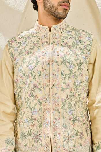 Shop_Sarab Khanijou_Beige Chanderi Silk Tropica Embroidered Nehru Jacket And Kurta Set _Online_at_Aza_Fashions