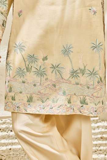 Sarab Khanijou_Beige Chanderi Silk Tropica Embroidered Nehru Jacket And Kurta Set _at_Aza_Fashions