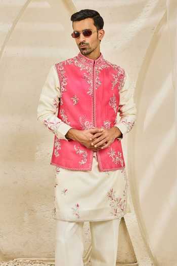 Shop_Sarab Khanijou_Pink Chanderi Silk Gulabi Bagh Nehru Jacket And Kurta Set _Online_at_Aza_Fashions