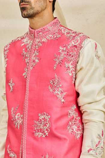 Sarab Khanijou_Pink Chanderi Silk Gulabi Bagh Nehru Jacket And Kurta Set _at_Aza_Fashions