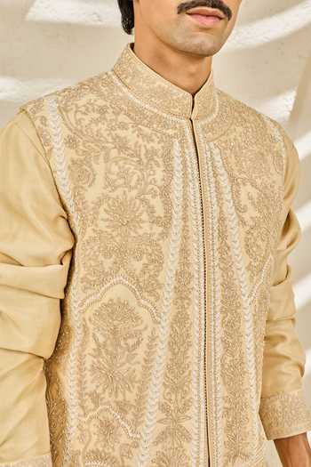 Sarab Khanijou_Beige Chanderi Silk Sandstone Nehru Jacket And Kurta Set _Online_at_Aza_Fashions
